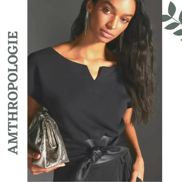 Anthropologie Tops - Anthropologie Black Top Faux  Leather Belt
Smock Elastic Back Short Sleeve Small